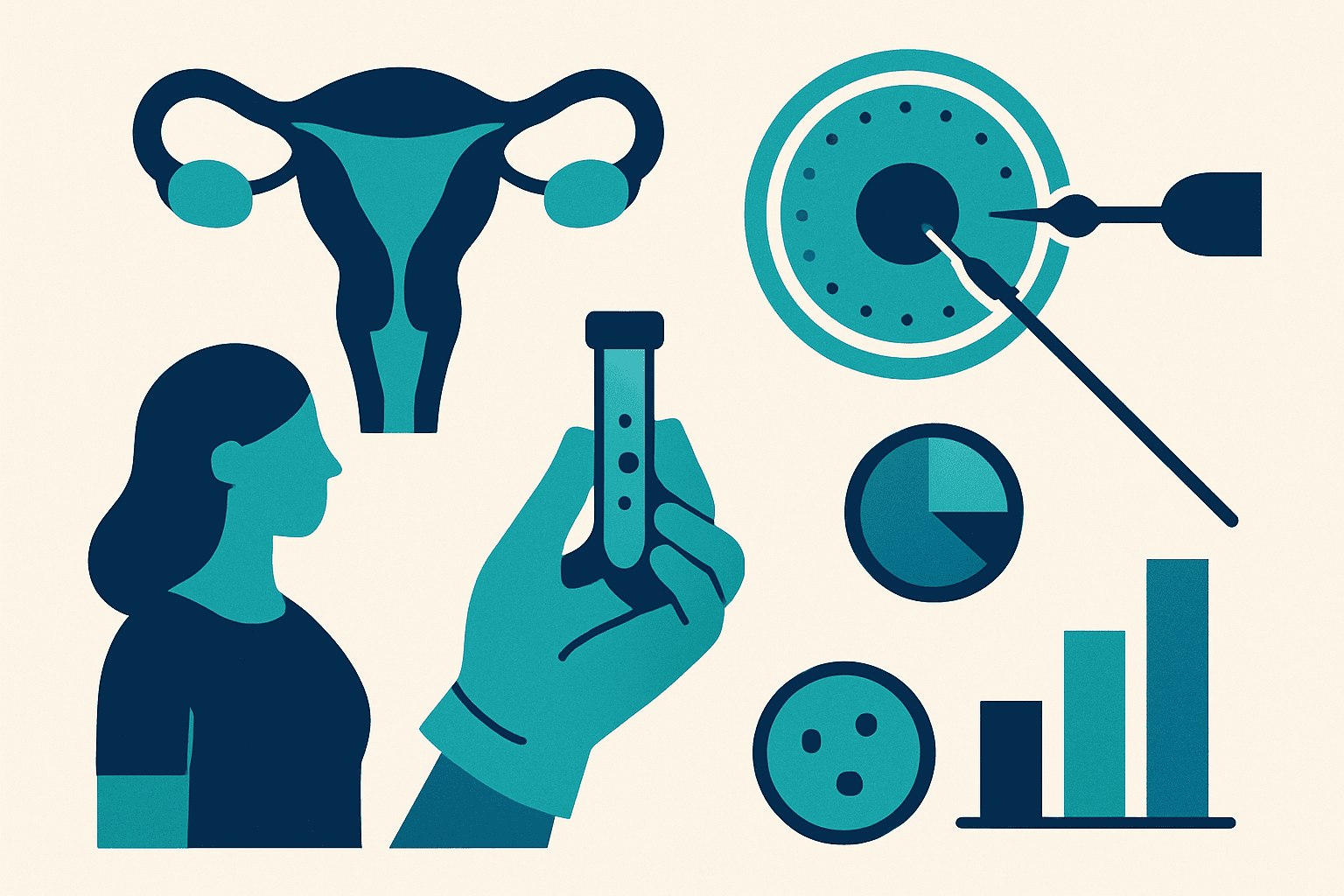 Fertility treatment illustration with medical symbols and a woman.