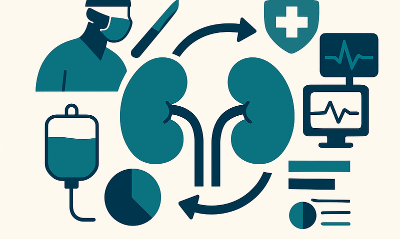Medical illustration of kidney transplant process with healthcare professional and monitors.