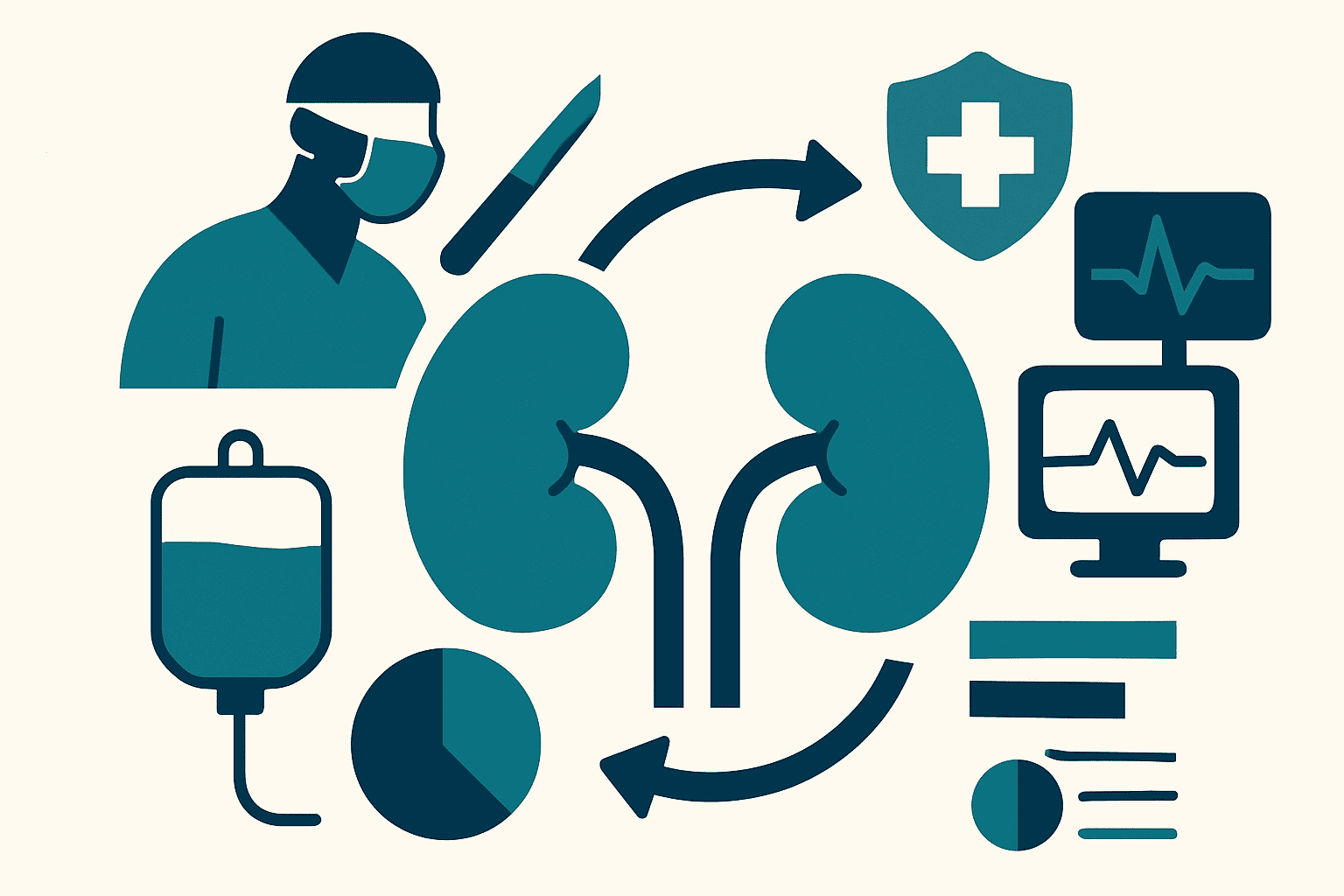 Medical illustration of kidney transplant process with healthcare professional and monitors.