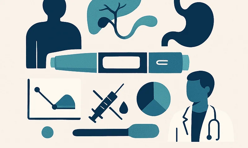 Medical icons including insulin pen, syringe, stomach, liver, and doctor.