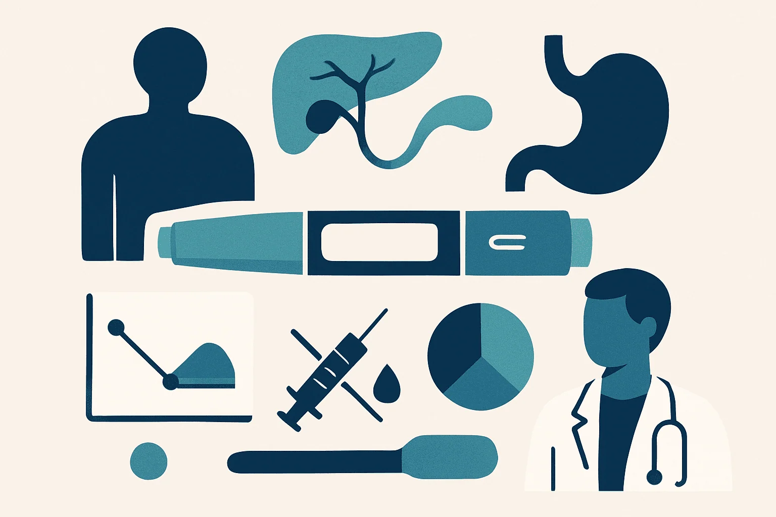 Medical icons including insulin pen, syringe, stomach, liver, and doctor.
