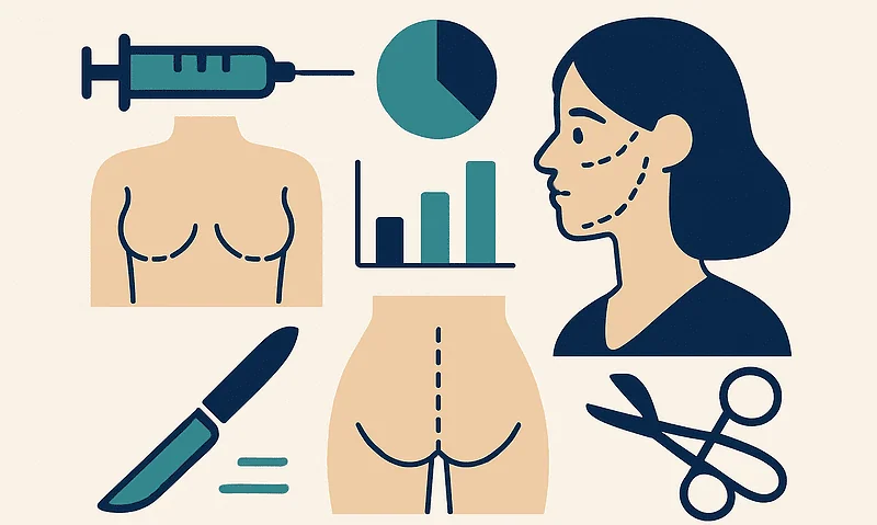 Illustration of cosmetic surgery tools and procedures for facial and body enhancement.