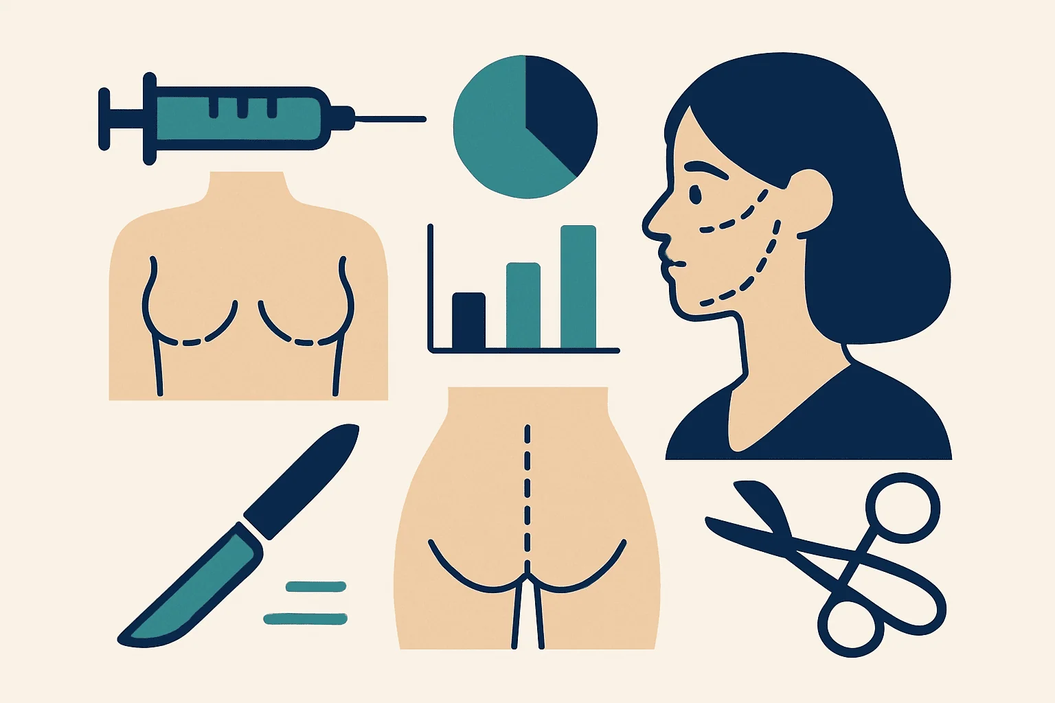 Illustration of cosmetic surgery tools and procedures for facial and body enhancement.