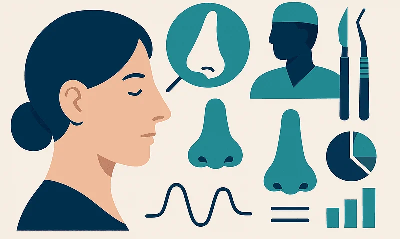 Illustration of rhinoplasty consultation with medical tools and nose analysis.