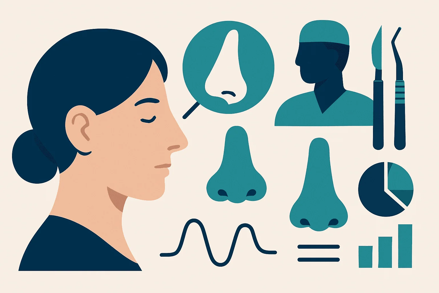 Illustration of rhinoplasty consultation with medical tools and nose analysis.