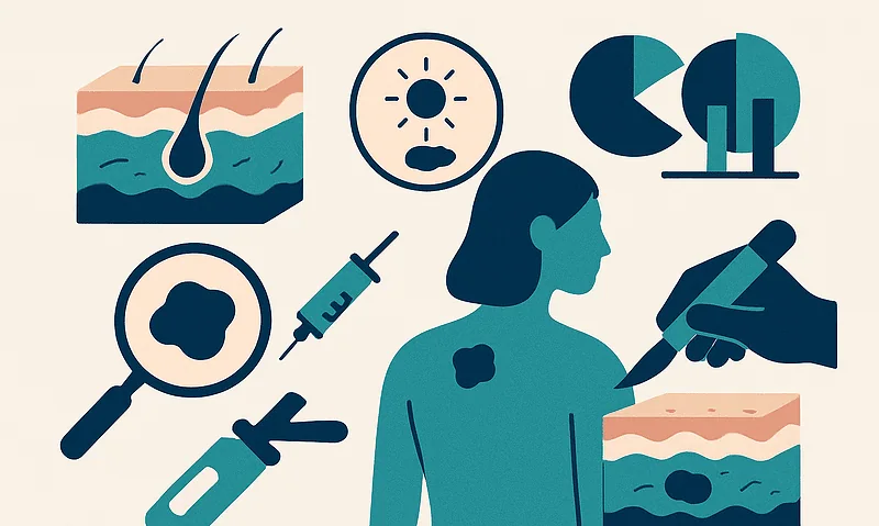 Illustration of skin cancer detection and treatment methods.
