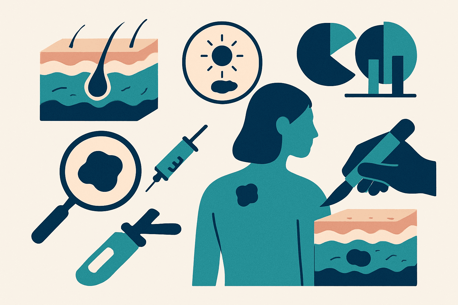 Illustration of skin cancer detection and treatment methods.