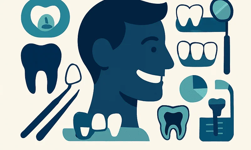 Illustration of dental care tools and a smiling man with veneers.