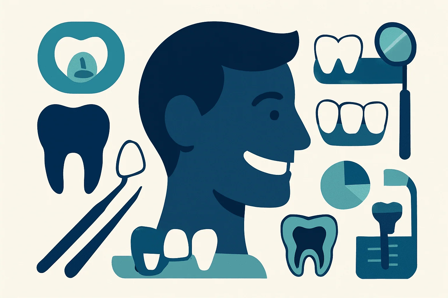 Illustration of dental care tools and a smiling man with veneers.