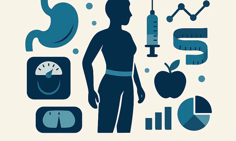 Healthy weight loss concepts with medical and nutritional icons.
