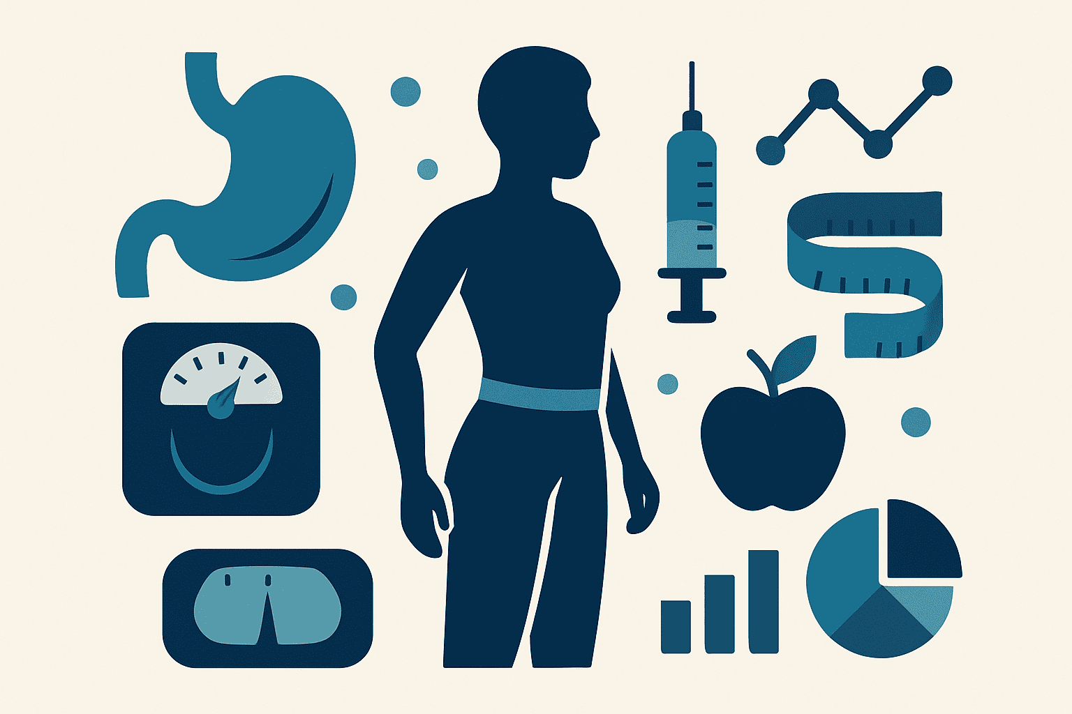 Healthy weight loss concepts with medical and nutritional icons.