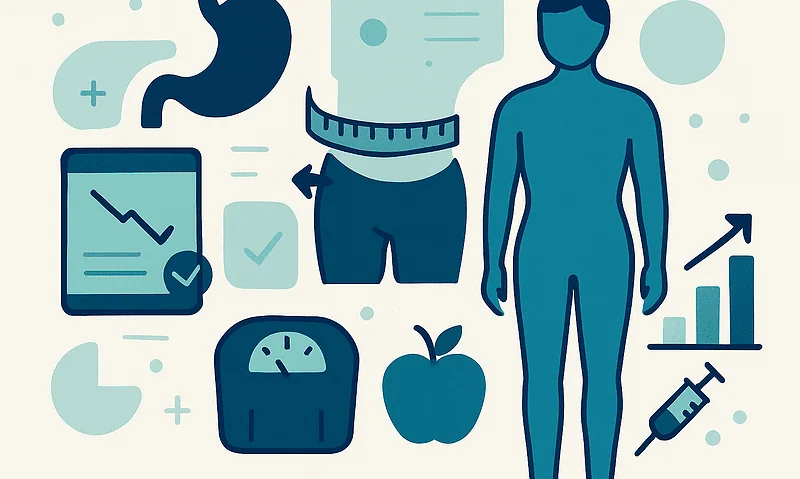Illustration of weight loss and health monitoring tools and a human figure.