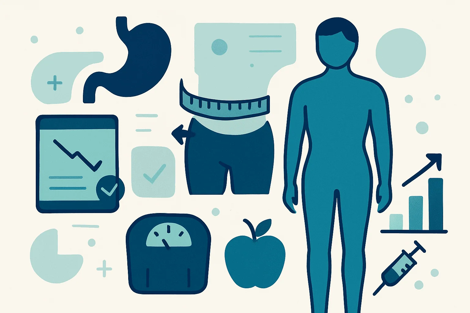 Illustration of weight loss and health monitoring tools and a human figure.