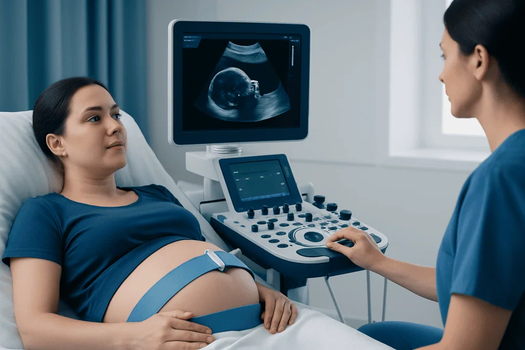 Pregnant woman undergoing ultrasound scan at Acibadem Hospital.