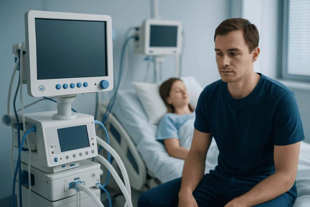 Medical professionals in a hospital room with monitors and a patient bed.