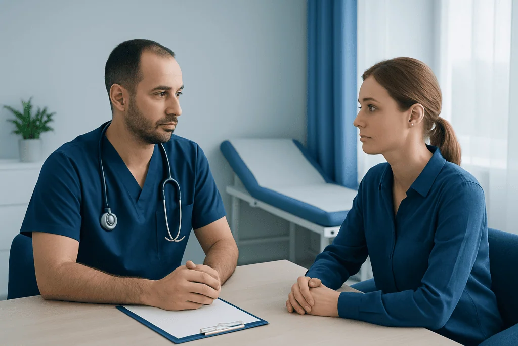 Doctor consulting with a patient in a hospital room.