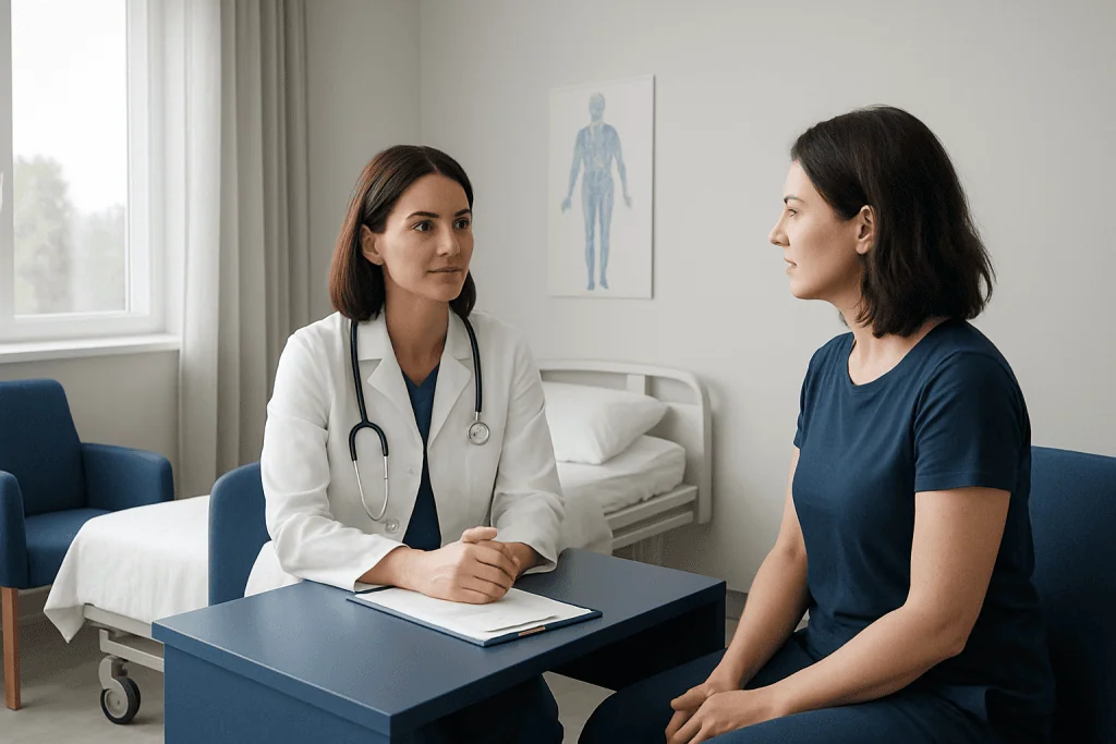 Doctor consulting patient in a medical office with anatomy chart in background.
