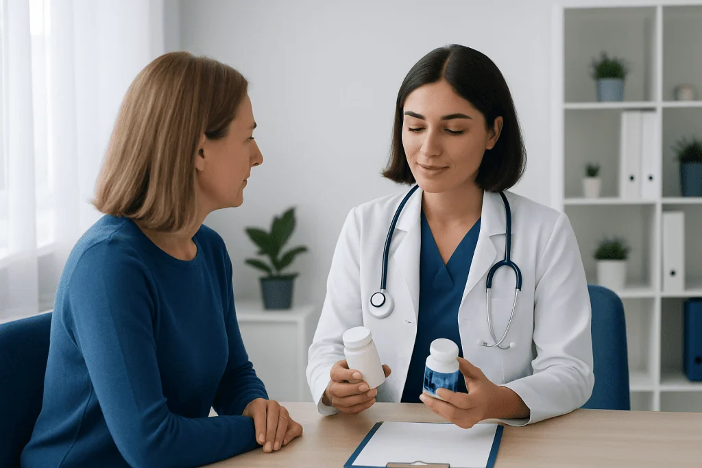 Doctor explaining medication to a patient in a clinic setting.