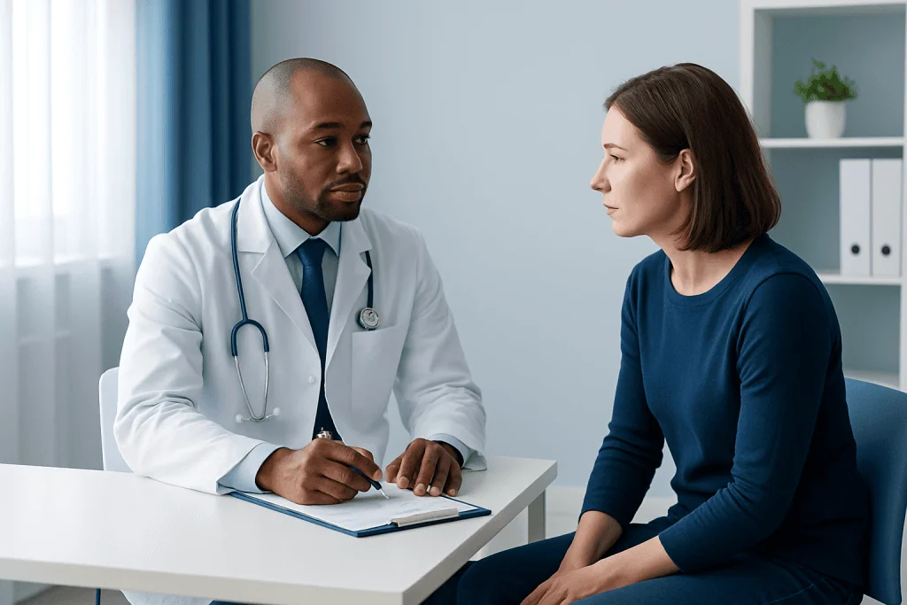 Doctor consulting with a female patient in a modern medical office.