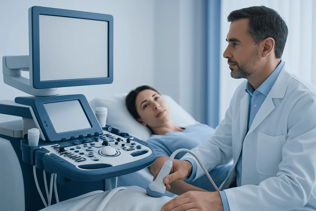 Doctor performing an ultrasound scan on a patient in a hospital room.