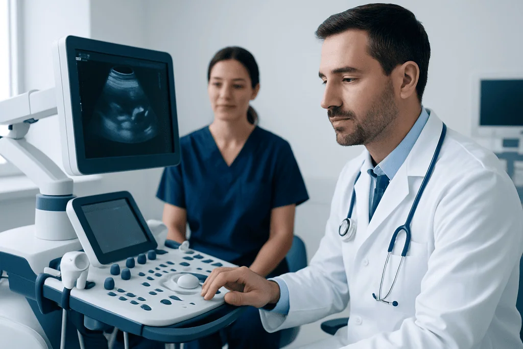 Medical professionals performing an ultrasound examination in a clinical setting.