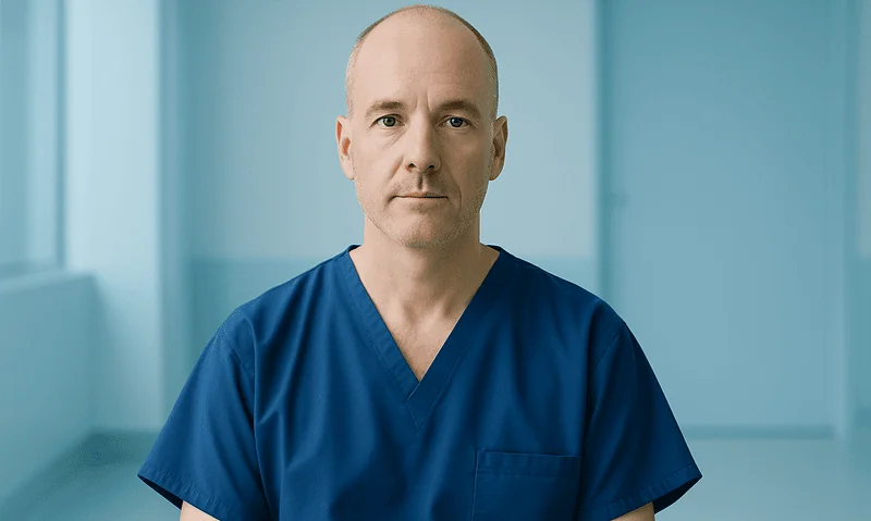 Medical professional in blue scrubs in a hospital corridor.