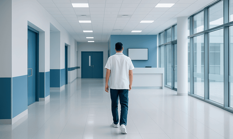 Young male doctor walking in a modern hospital corridor with large windows.