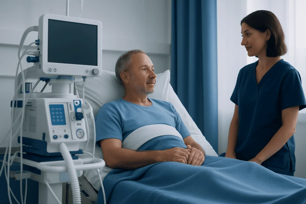 Hospital patient talking to nurse in a medical room with monitoring equipment.