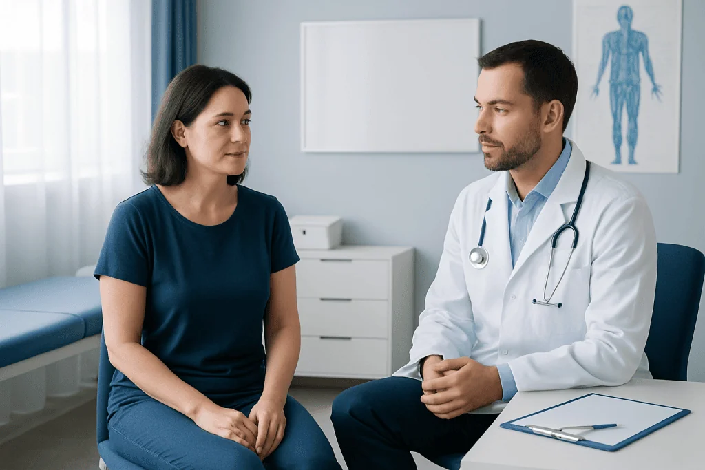 Doctor consulting with female patient in a medical office setting.