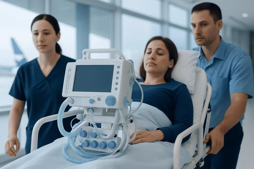 Patient in hospital bed with medical monitor and healthcare staff.