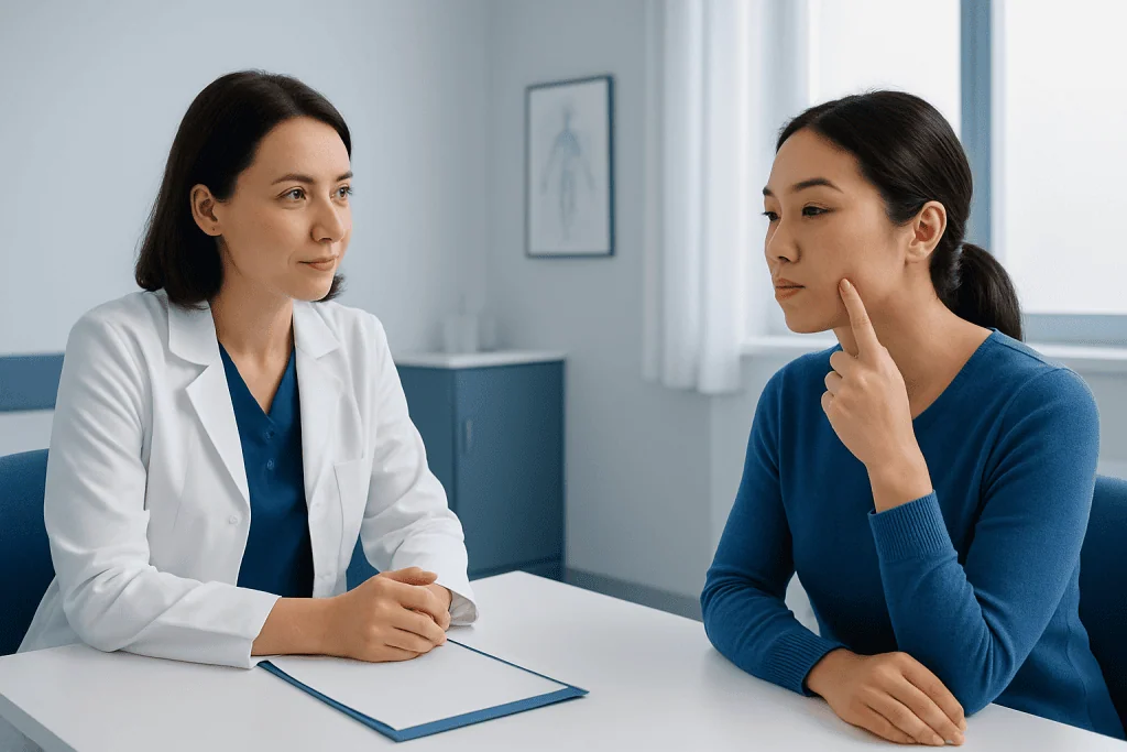 Doctor consulting with patient about skin concerns in a clinic setting.