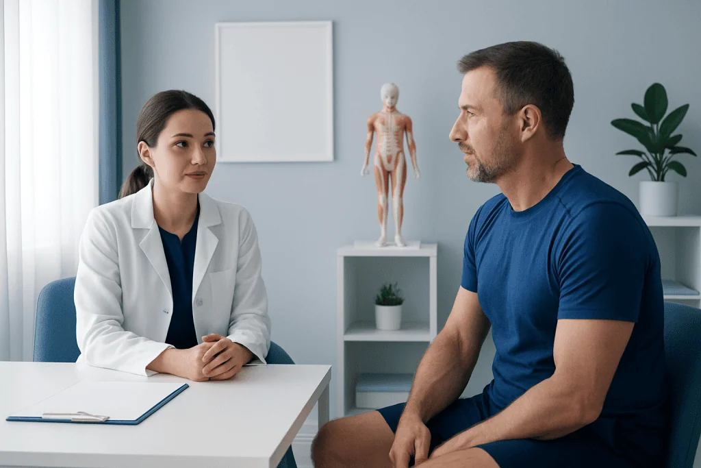 Doctor consulting patient in a medical office with anatomical model in background.