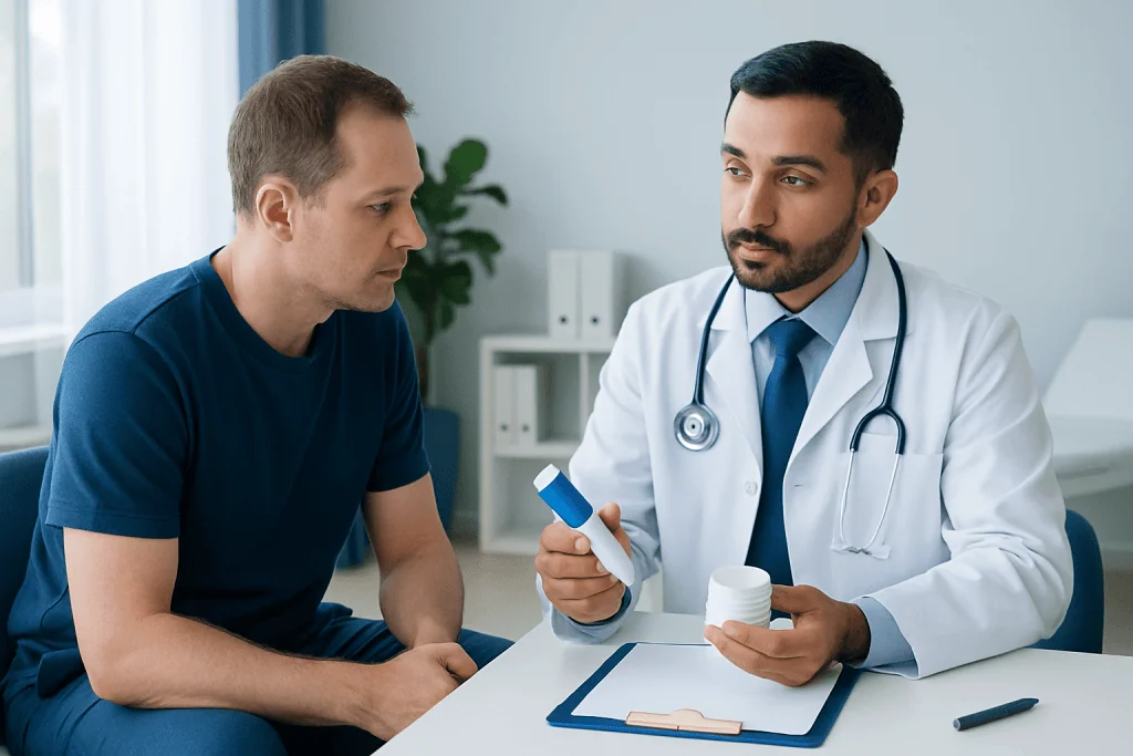 Doctor explaining antifungal treatment to patient in clinic.