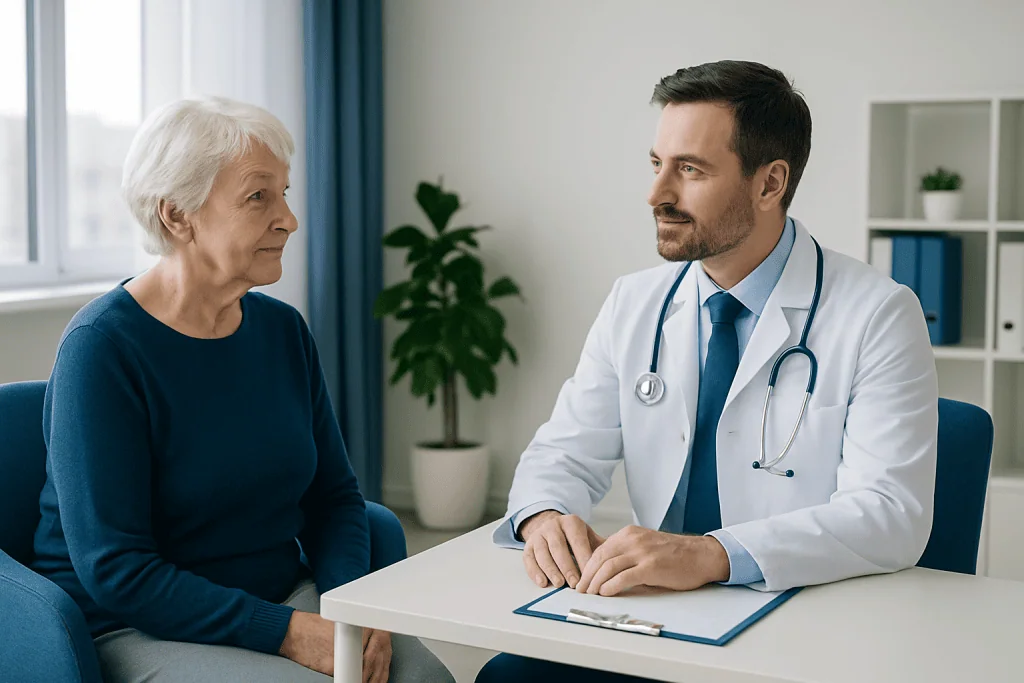 Doctor consulting with elderly patient in a medical office.