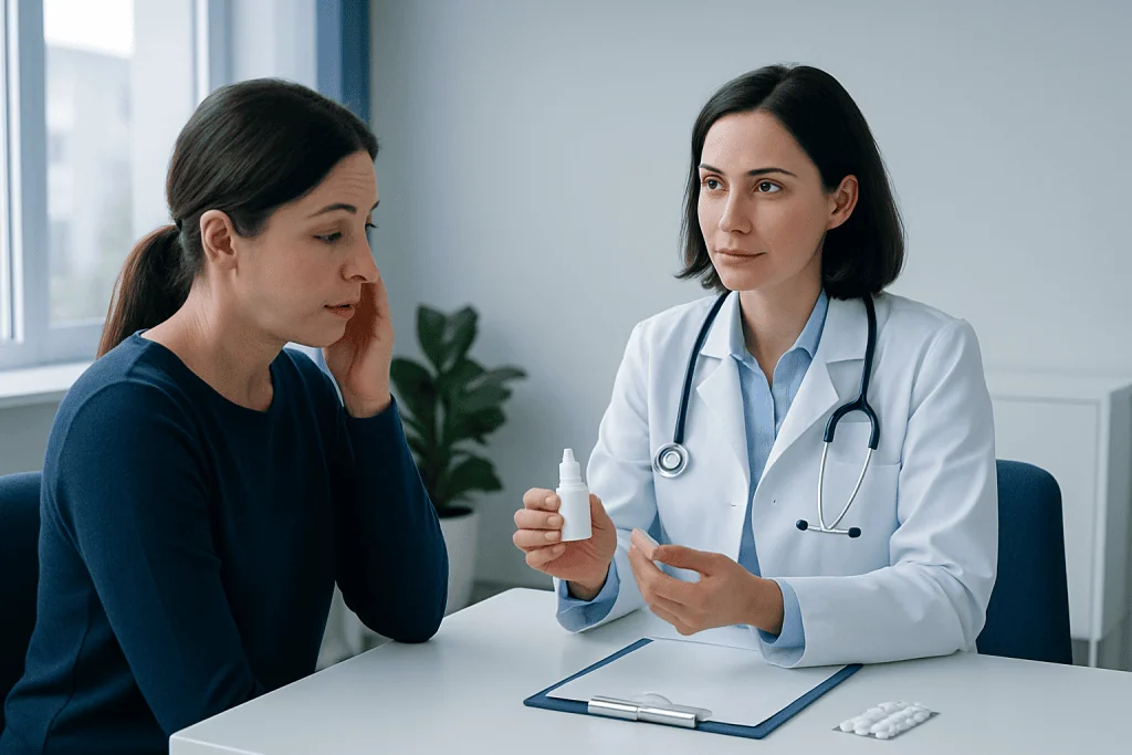 Doctor explaining eye medication to patient in consultation room.