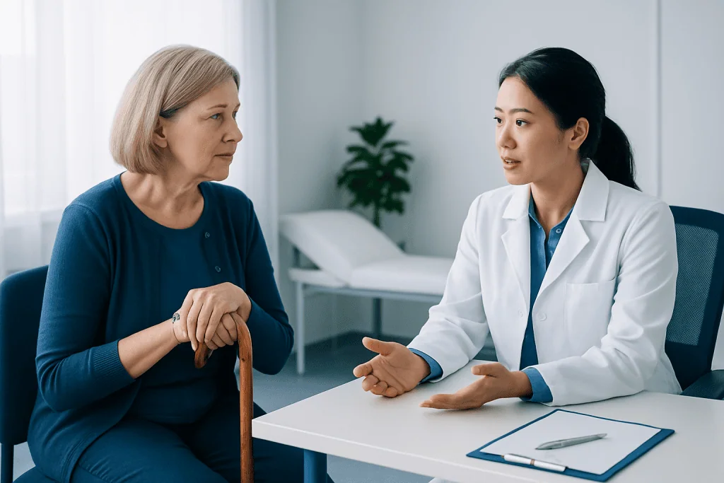 Doctor consulting with an elderly woman in a medical office.