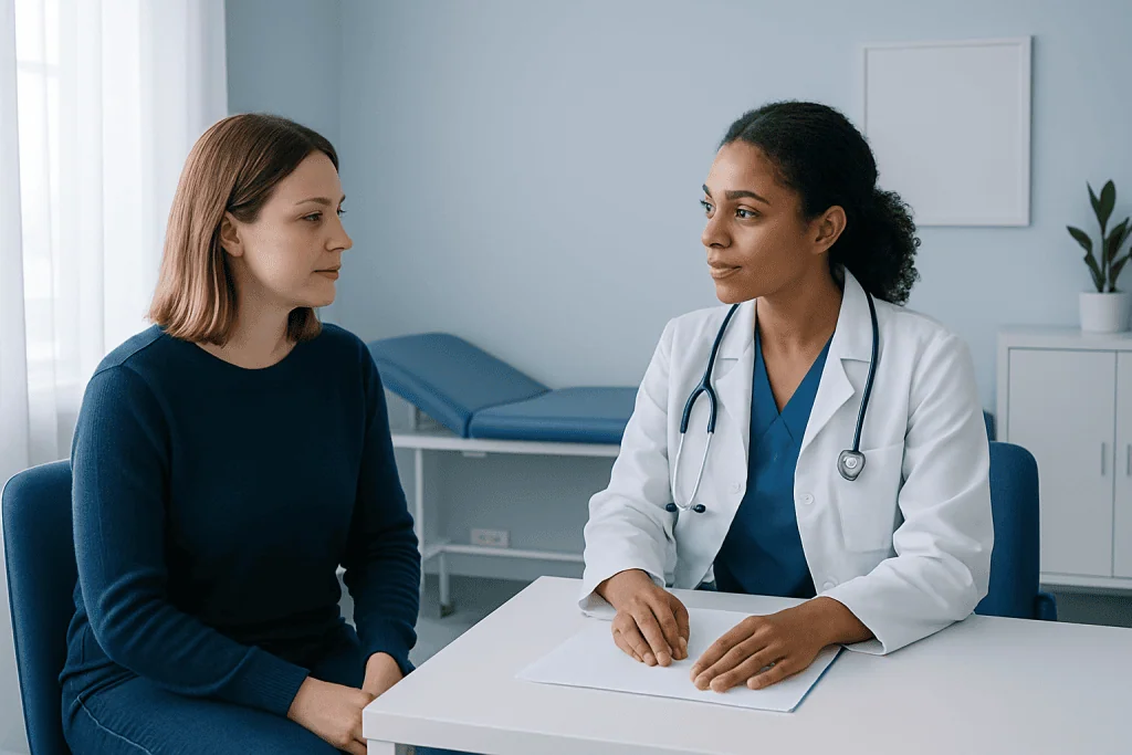 Doctor consulting with a female patient in a medical office.