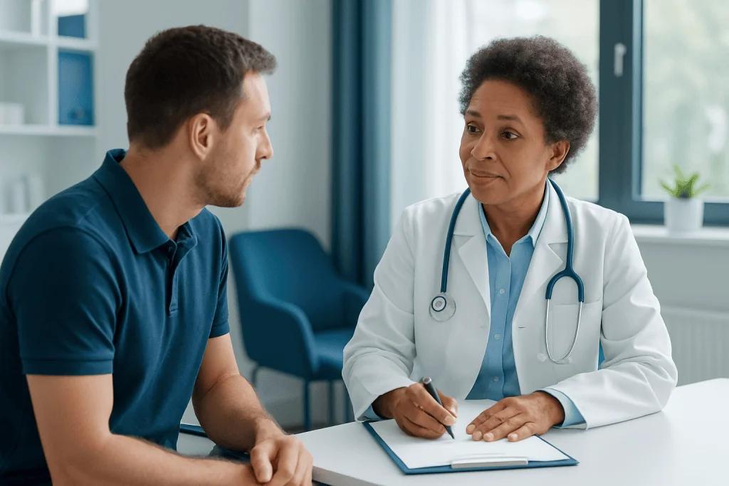 Doctor consulting with a patient in a medical office setting.