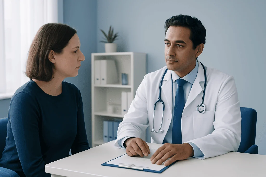 Doctor consulting with a female patient in a medical office setting.