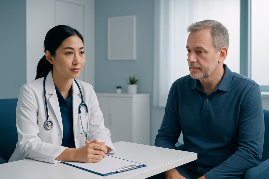 Doctor consulting with a male patient in a modern clinic setting.