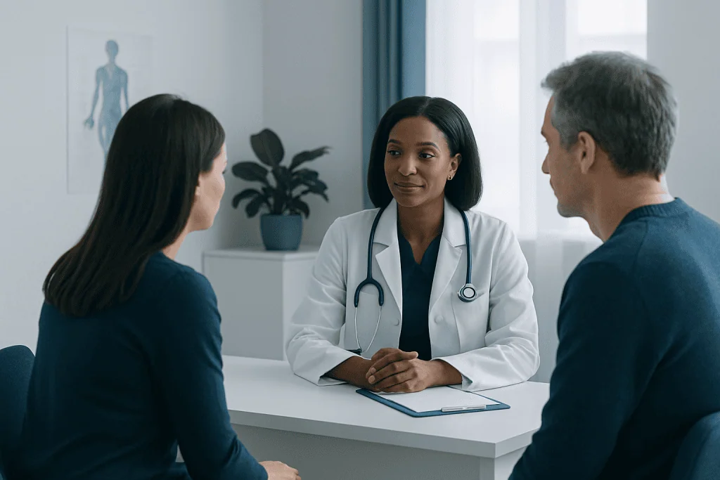 Doctor consulting with two patients in a modern hospital room.