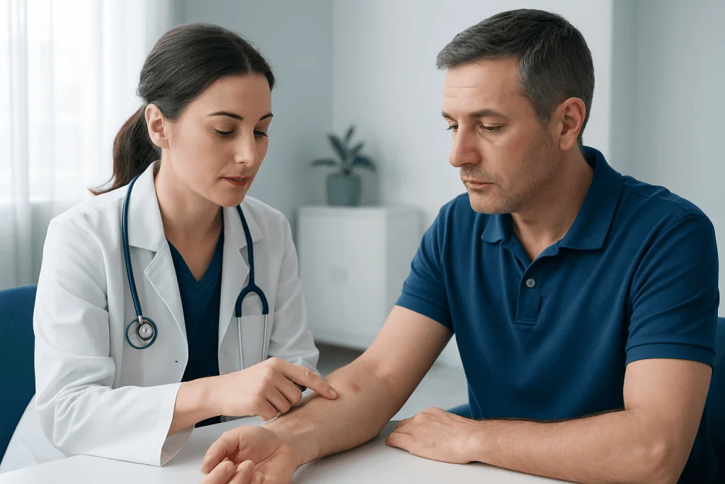 Doctor examining a patient's arm for insect bites or skin issues.