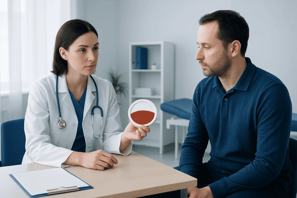 Doctor explaining reddish stool to patient in clinic setting.