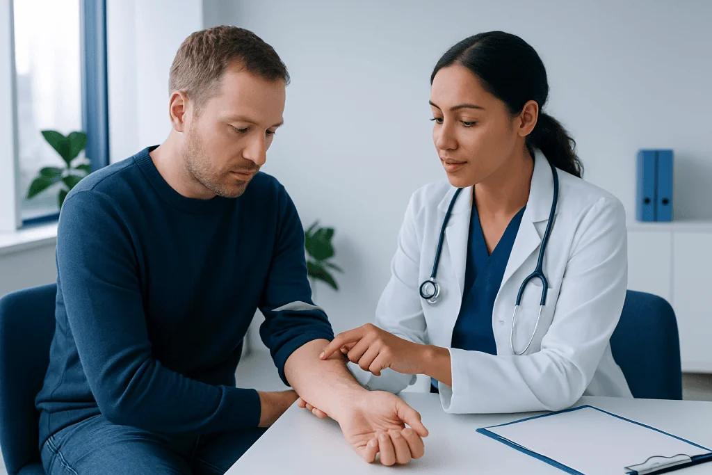 Doctor examining patient's skin for skin conditions or rashes.