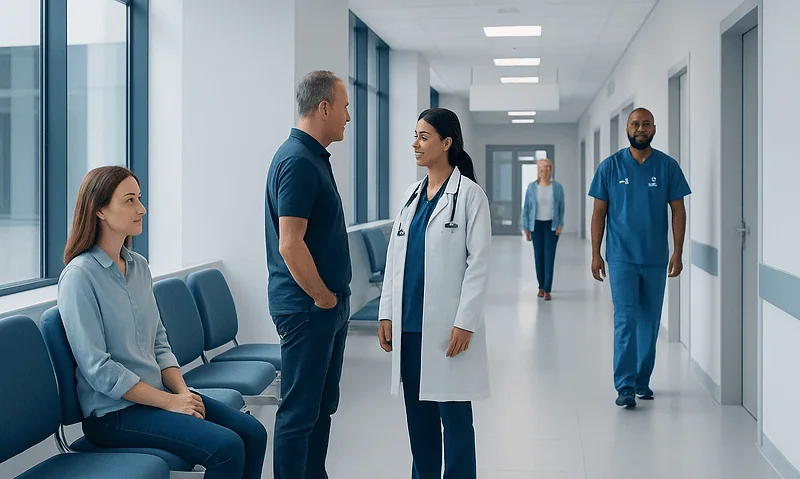 Medical team consulting patients in a hospital corridor at Acibadem Hospitals Group.