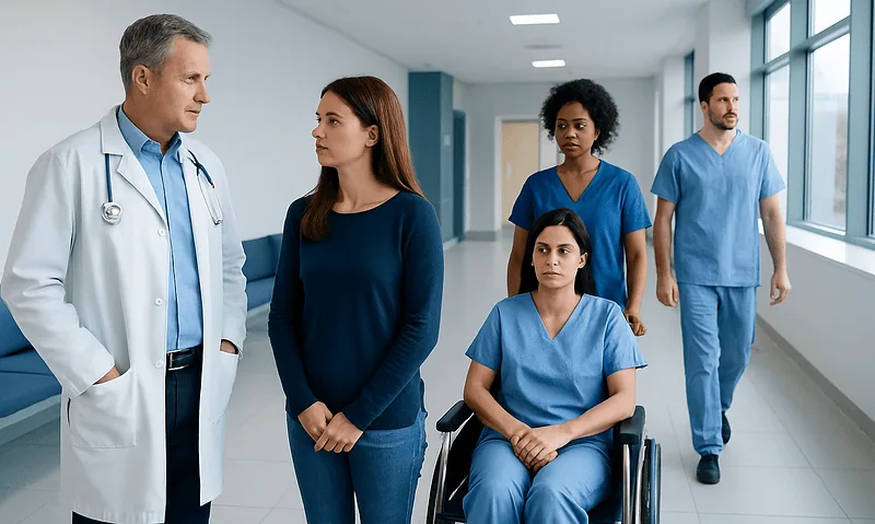 Medical team discussing patient care in hospital corridor.