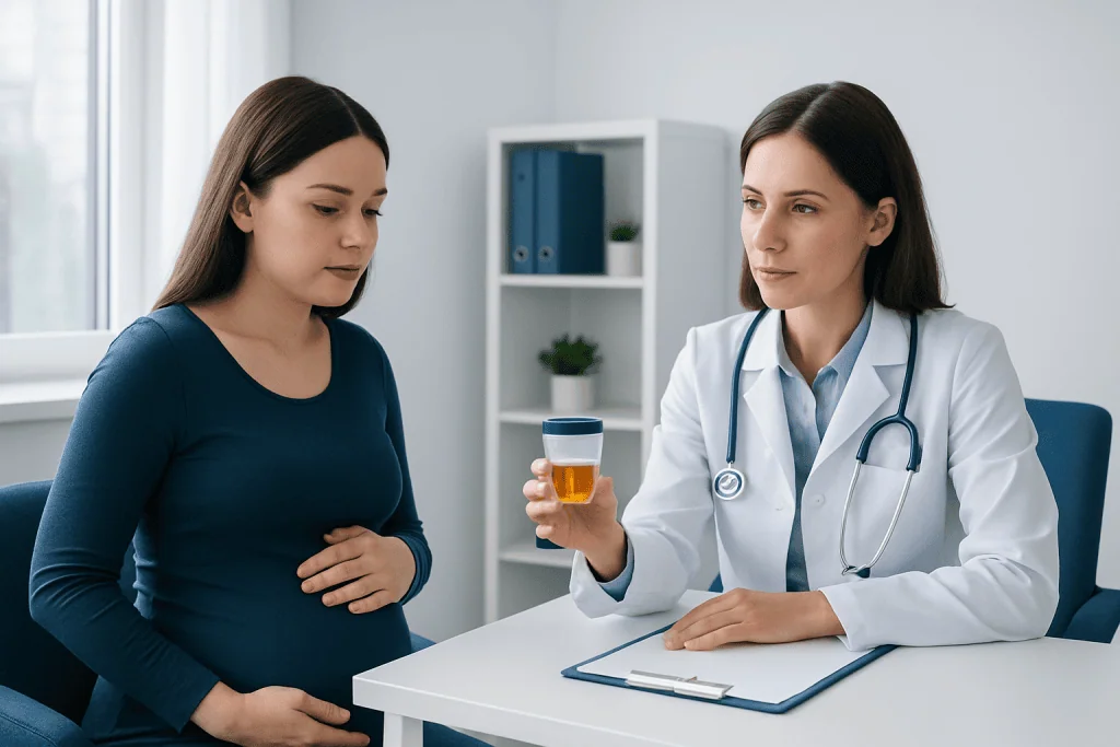 Pregnant woman consulting with a doctor about urine test results.