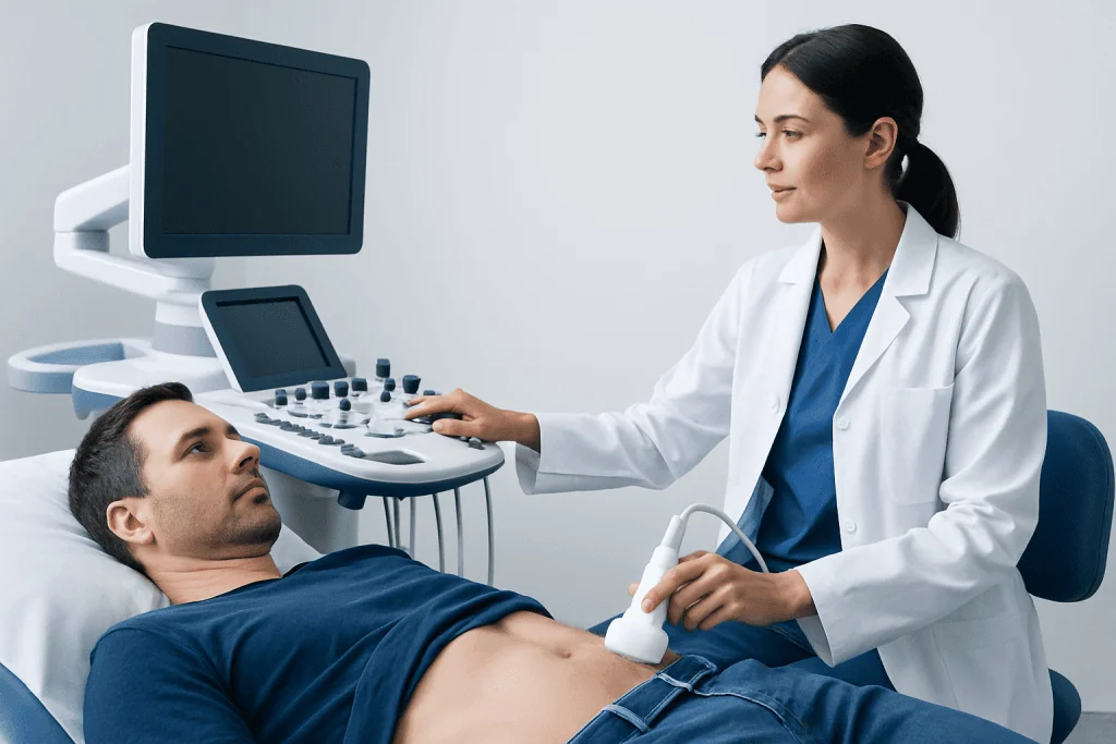 Doctor performing abdominal ultrasound on male patient in hospital setting.