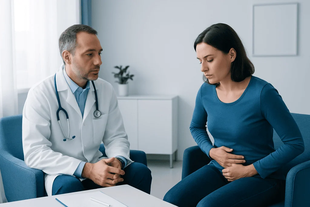 Doctor consulting with a woman patient about abdominal health.