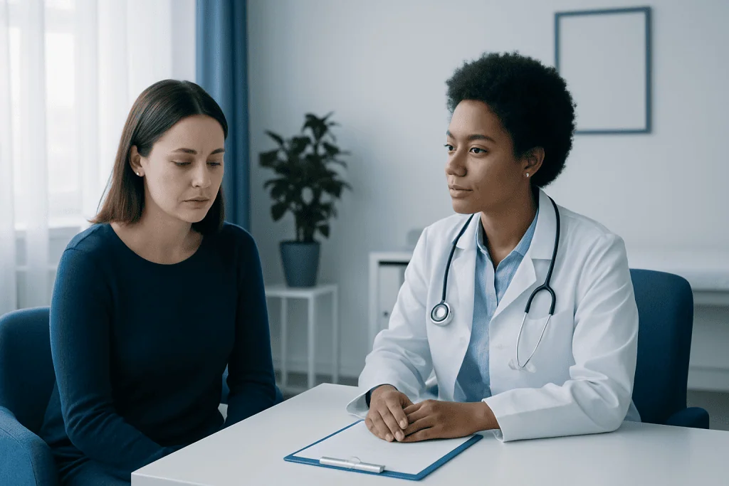 Doctor consulting with a patient in a medical office setting.